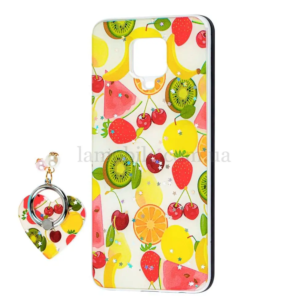 Чохол для Xiaomi Redmi Note 9s / 9 Pro блискітки print + popsocket фрукти