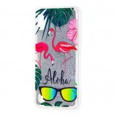 Чехол для Samsung Galaxy A10 (A105) Блестки вода "красный фламинго"
