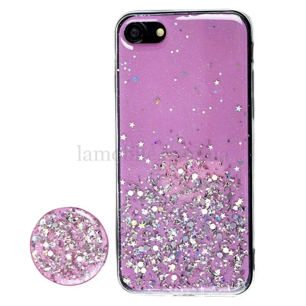 Чехол для iPhone 7 / 8 блестки + popsocket светло-розовый