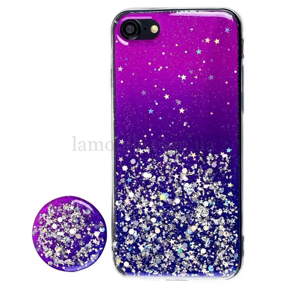 Чохол для iPhone 7/8 блискітки + popsocket рожево-синій