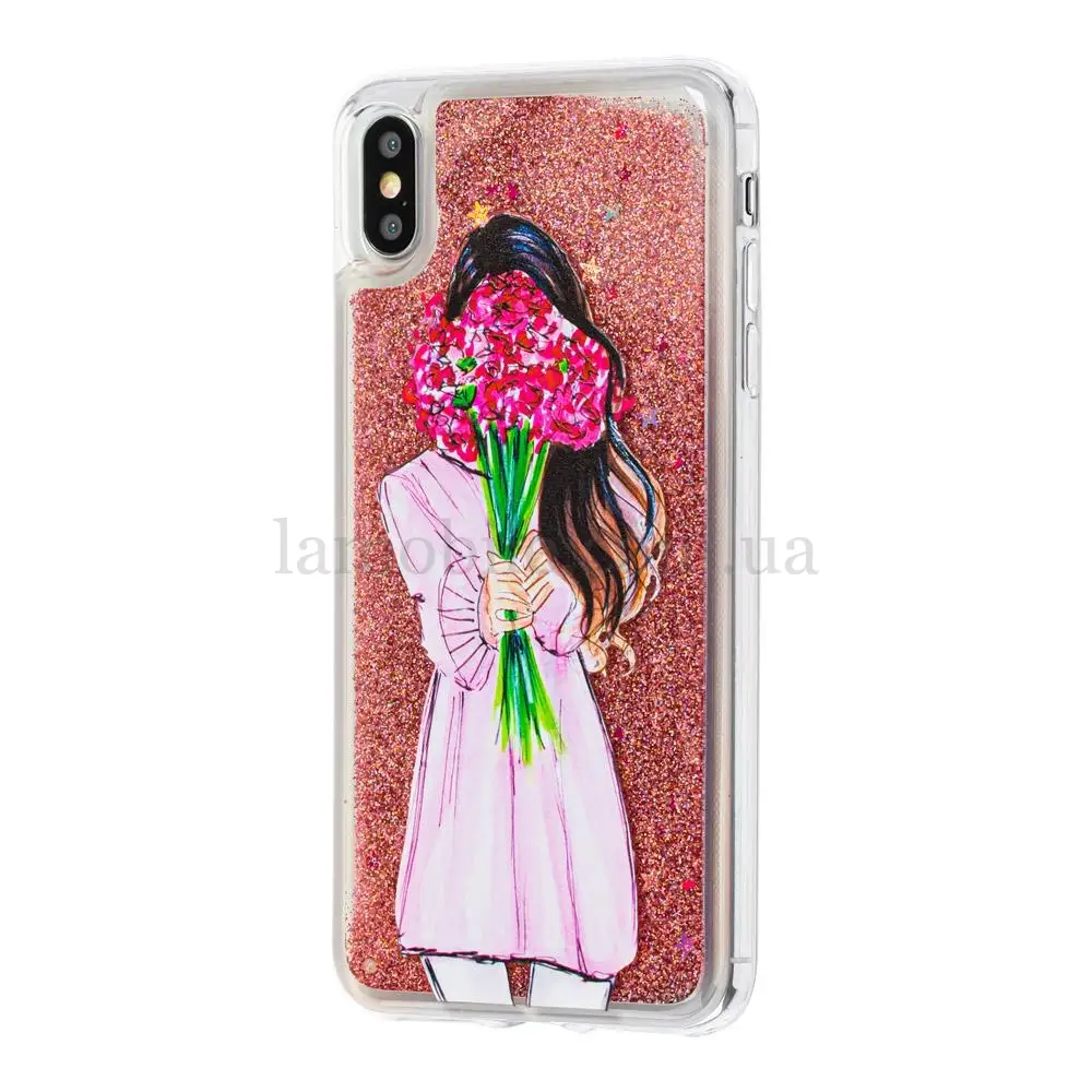 Чохол для iPhone Xs Max блискітки вода рожевий "girl with flowers"
