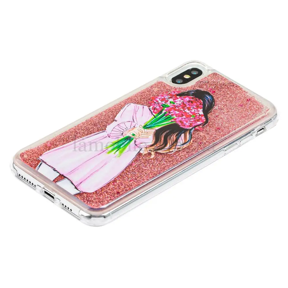 Чохол для iPhone Xs Max блискітки вода рожевий "girl with flowers"