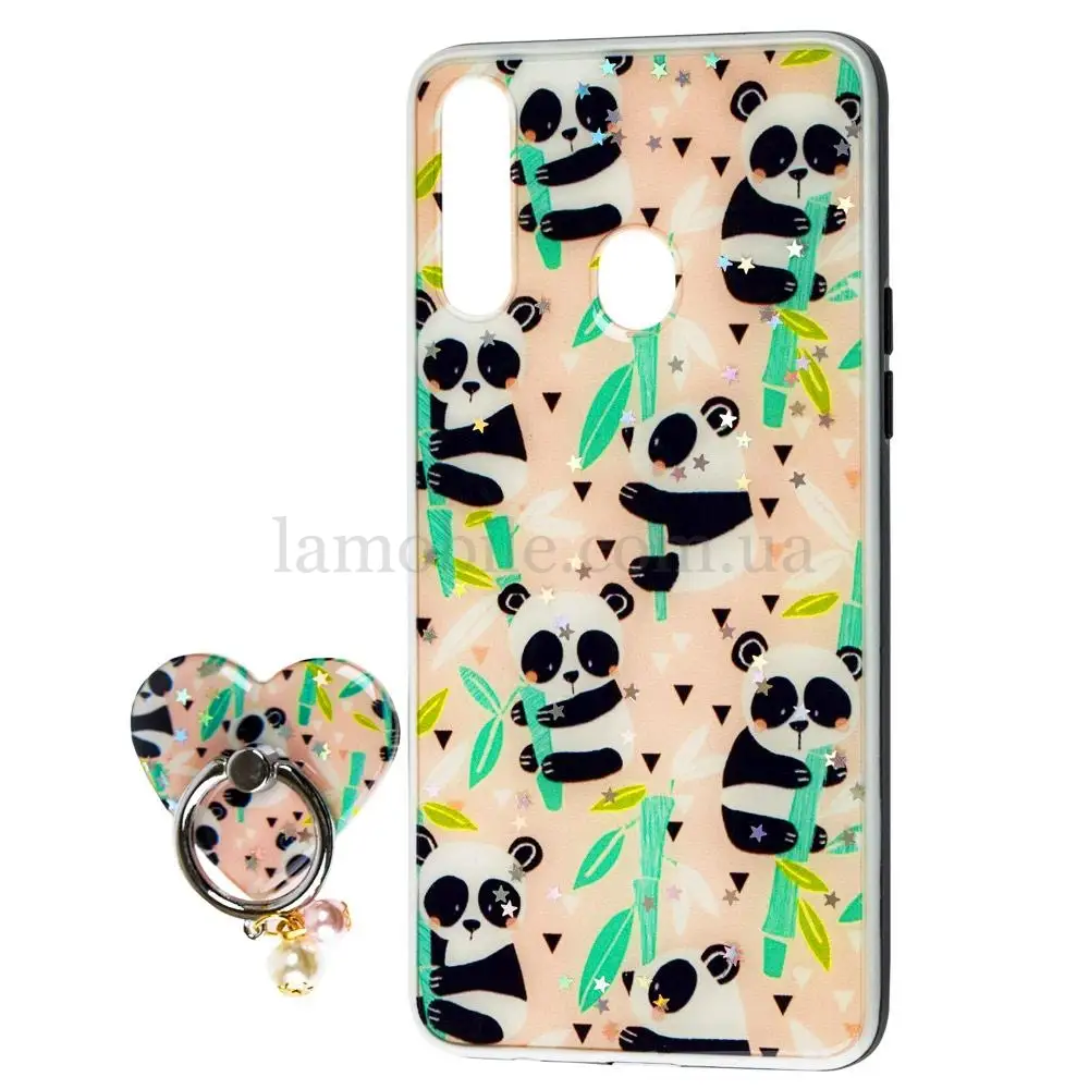 Чехол для Samsung Galaxy A20s (A207) блестки print + popsocket "панда" 
