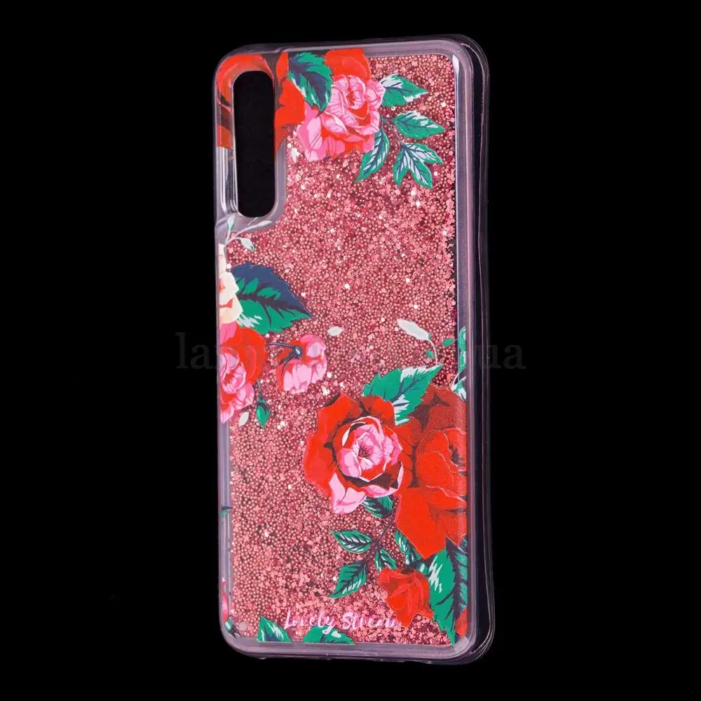 Чехол для Samsung Galaxy A50 / A50s / A30s Блестки вода красный "красные розы"
