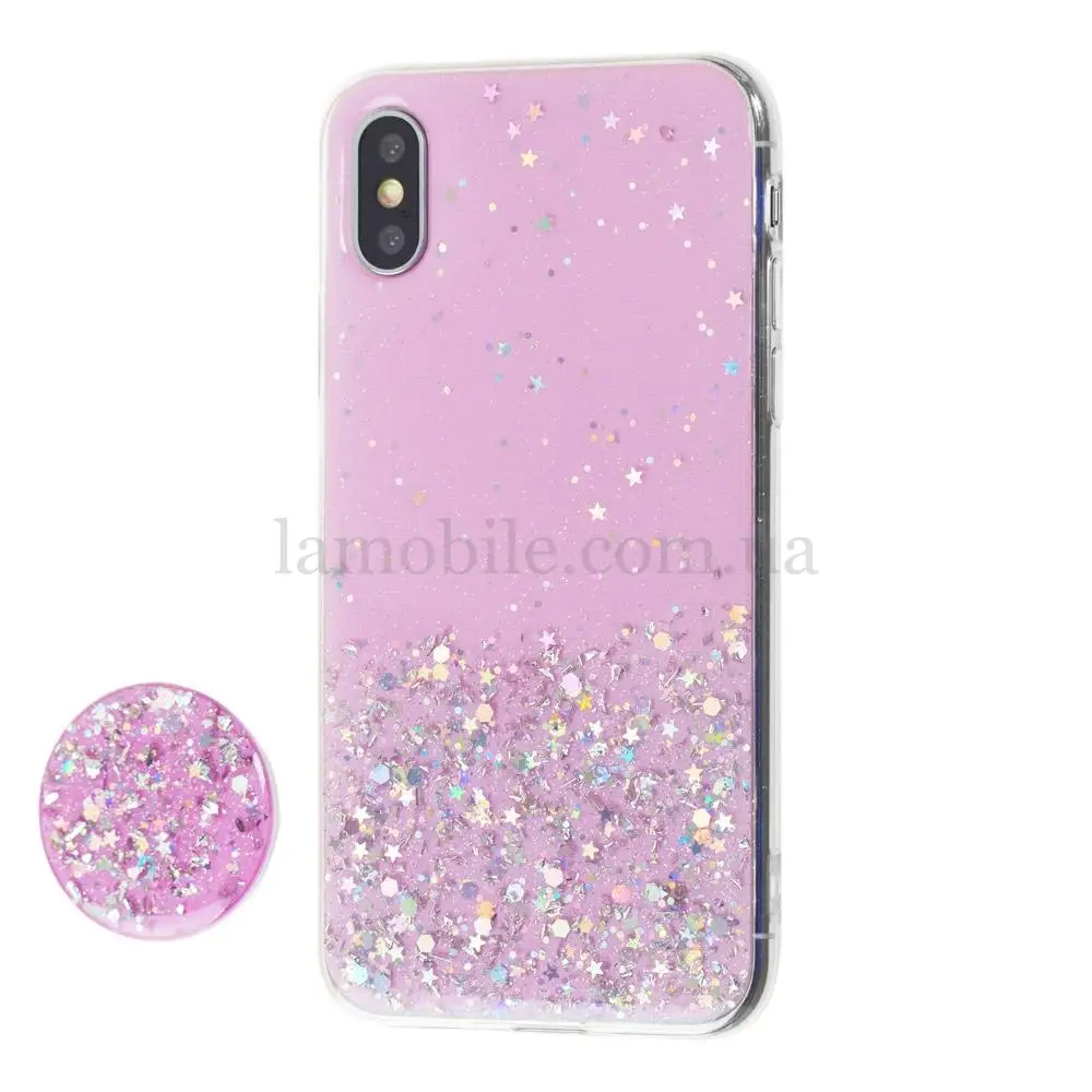 Чохол для iPhone X / Xs блискітки + popsocket "світло рожевий"