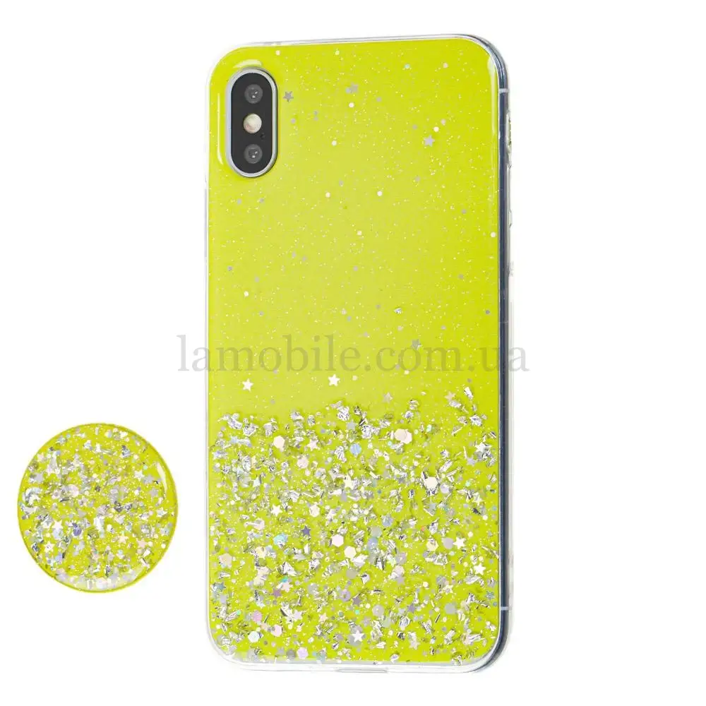 Чохол для iPhone Xs Max блискітки + popsocket "лимонний"