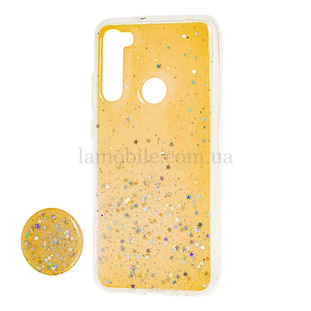 Чохол для Xiaomi Redmi Note 8 Acrylic блискітки + popsocket жовтий