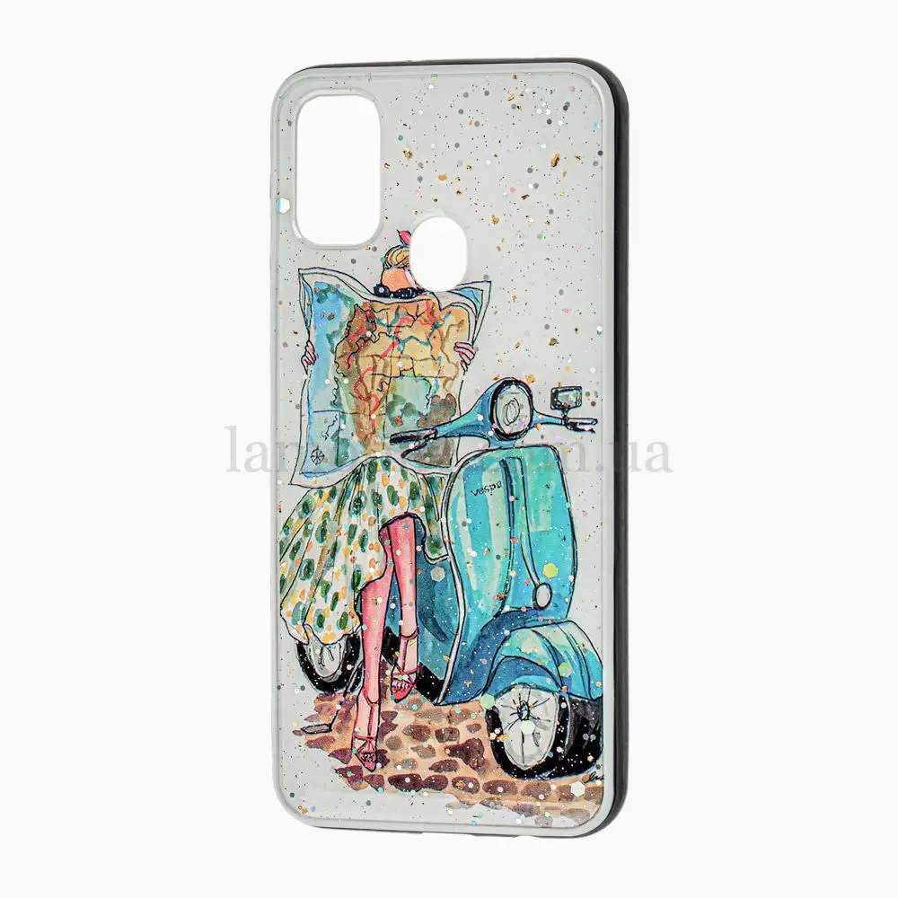 Чехол для Samsung Galaxy M21 / M30s Glass блестки "мопед"