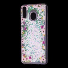 Чехол для Samsung Galaxy M20 (M205) Блестки вода светло-розовый "цветы"
