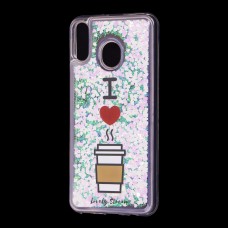 Чехол для Samsung Galaxy M20 (M205) Блестки вода светло-розовый "я люблю кофе"