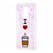 Чехол для Xiaomi Redmi 5 Plus Блестки вода светло-розовый "я люблю кофе"