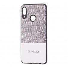 Чохол для Huawei P Smart 2019 Leather + блискітки сріблясті