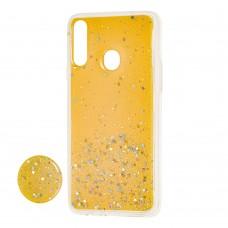 Чохол для Samsung Galaxy A20s (A207) Acrylic блискітки + popsocket жовтий
