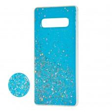 Чехол для Samsung Galaxy S10 (G973) блестки + popsocket "голубой" 
