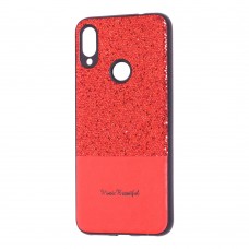 Чехол для Xiaomi Redmi Note 7 Leather + блестки красный