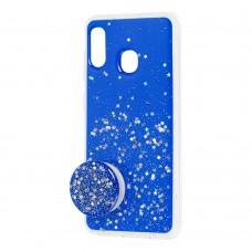 Чехол для Samsung Galaxy A20 / A30 Acrylic блестки + popsocket синий