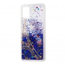 Чехол для Samsung Galaxy A51 (A515) Блестки вода new Эйфелева башня синий