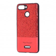 Чехол для Xiaomi Redmi 6 Leather + блестки красный