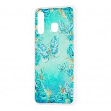 Чехол для Samsung Galaxy A20 / A30 Flowers Confetti "бабочка" бирюзовый
