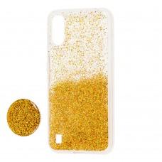Чехол для Samsung Galaxy A01 (A015) Fashion блестки + popsocket золотистый