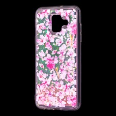 Чехол для Samsung Galaxy A6 2018 (A600) Блестки вода розовый "розовые цветы"