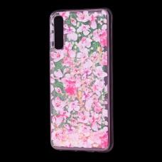 Чехол для Samsung Galaxy A50 / A50s / A30s Блестки вода розовый "розовые цветы"