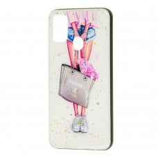 Чехол для Samsung Galaxy M21 / M30s Glass блестки "девушка с сумкой"
